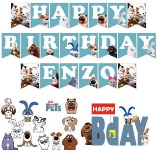 Secret Life of Pets Theme Pet Dog Birthday Party Banner Cupcake Cake Topper Decoration Personalized