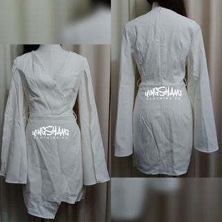 SHEIN Solid Plain White Cape Sleeve Mini Blazer Dress Formal Surplice Neck (NO BELT)
