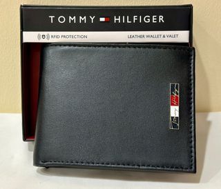 TOMMY HILFIGER BLACK LEATHER & VALET BILLFOLD WALLET W/ RFID PROTECTION $50