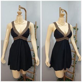 Two Piece Swimsuit Black Padded Dress Style with Boyleg Short Large Swimdress 2pc