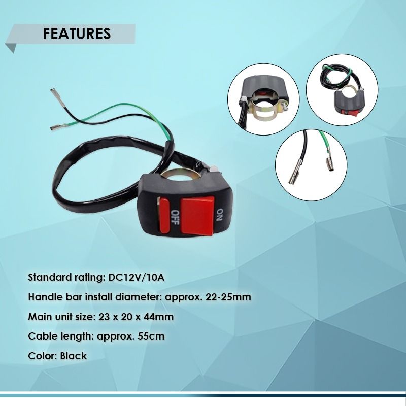 UNIVERSAL MOTORCYLE HEADLIGHT FOG LIGHT MODIFICATION KILL SWITCH, 12V 10A PURE COPPER WIRE (Category: Electrical, Adaptors & Sockets) located in Quezon City. Submitted by besteinpc (Listing ID 1300151911, Image 2). Description: UNIVERSAL MOTORCYLE HEADLIGHT FOG LIGHT MODIFICATION KILL SWITCH, 12V 10A PURE COPPER WIRE FEATURES: 👉Standard rating: DC12V/10A 👉Handle bar install diameter: approx. 22-25mm 👉Main unit size: 23 * 20 * 44mm 👉Cable leng