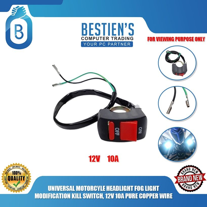 UNIVERSAL MOTORCYLE HEADLIGHT FOG LIGHT MODIFICATION KILL SWITCH, 12V 10A PURE COPPER WIRE (Category: Electrical, Adaptors & Sockets) located in Quezon City. Submitted by besteinpc (Listing ID 1300151911, Image 1). Description: UNIVERSAL MOTORCYLE HEADLIGHT FOG LIGHT MODIFICATION KILL SWITCH, 12V 10A PURE COPPER WIRE FEATURES: 👉Standard rating: DC12V/10A 👉Handle bar install diameter: approx. 22-25mm 👉Main unit size: 23 * 20 * 44mm 👉Cable leng