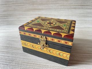 Vintage Small Parquetry Inlaid Spanish Jewelry Wooden Box Chest