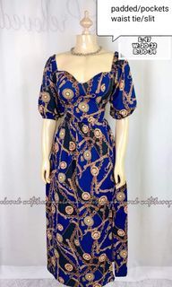 BKK PADDED WAIST TIE WITH POCKETS NAVY BLUE MAXI DRESS LONG SLEEVES AND SHORT SLEEVES AVAILABLE S-XL