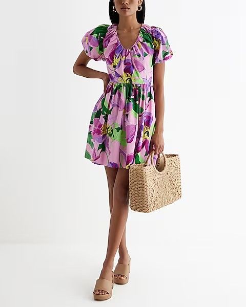 Express Floral V Neck Puff Sleeve Poplin Mini Dress Women s Fashion Dresses Sets Dresses on Carousell