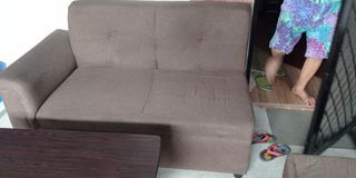 Brown L-shaped sofa with large center table