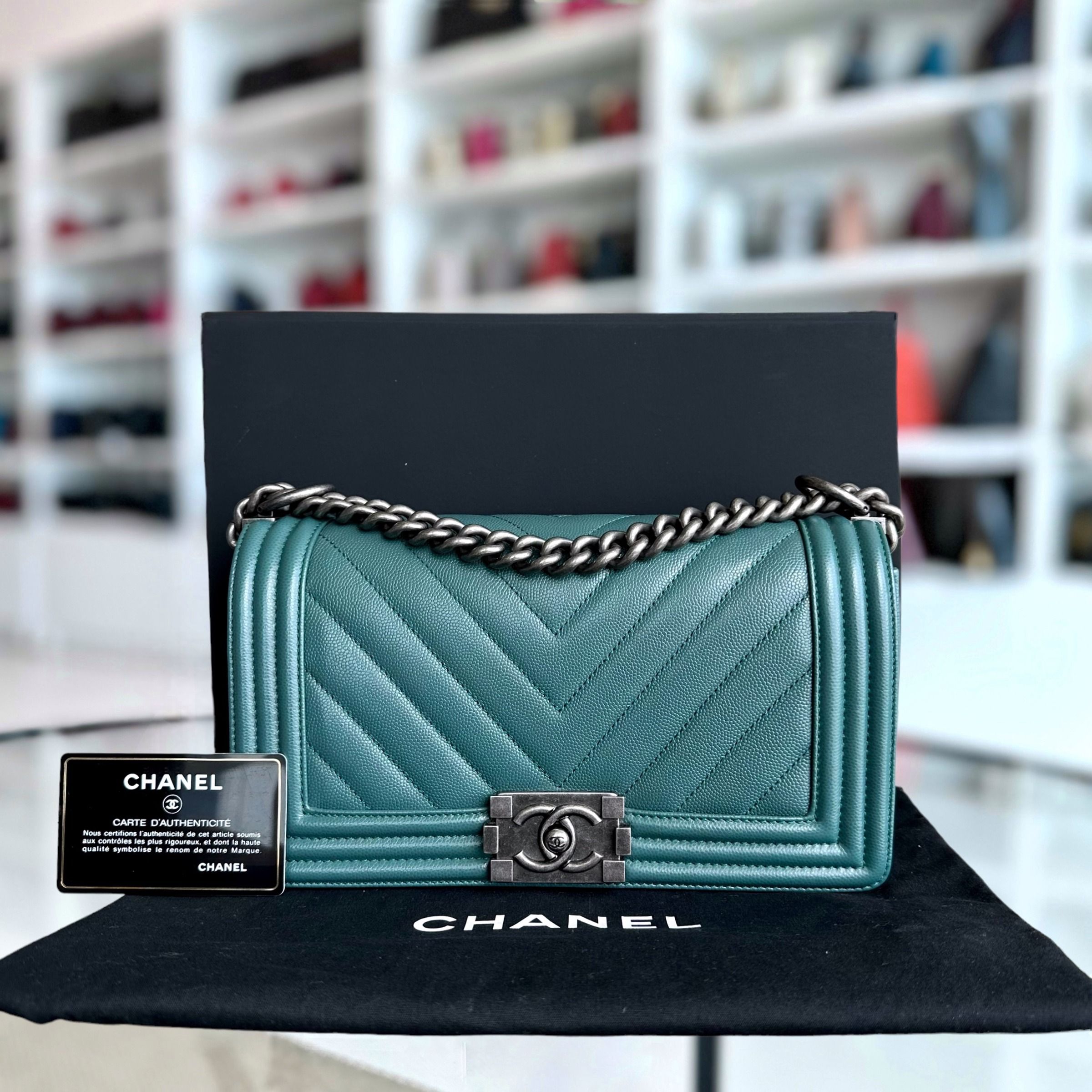 Chanel Caviar Boy Old Medium 25CM Chevron Green Blue Leboy RSHW No 24