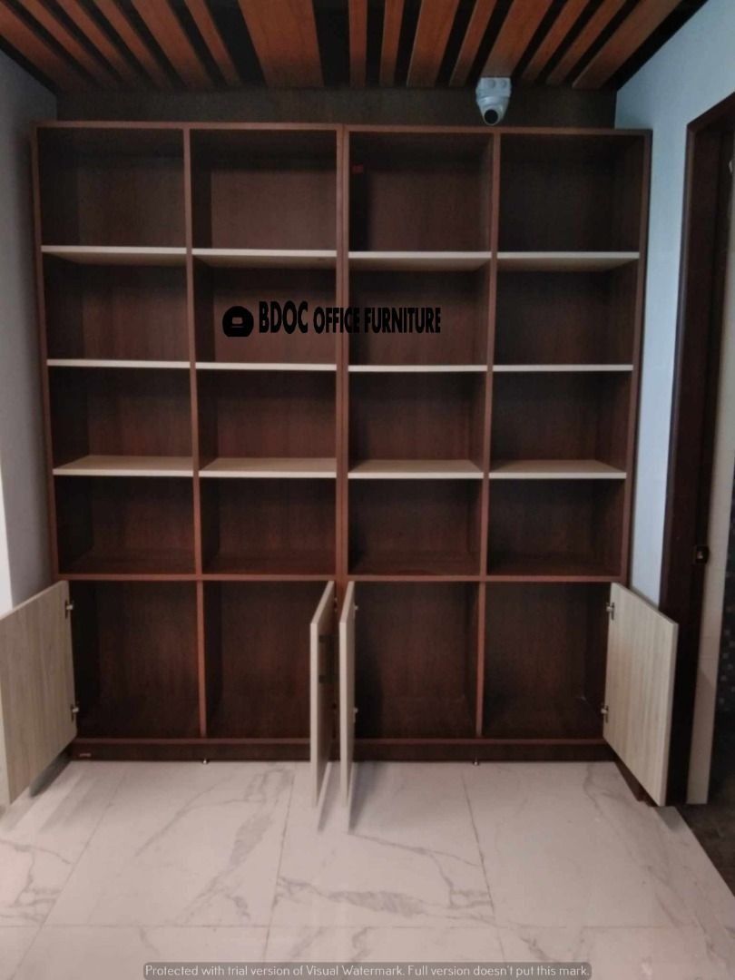 customized wooden rack with swing door cabinet at the bottom / office ...