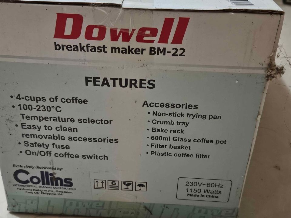 Dowell BM-22 3-in-1 Breakfast Maker (Category: Ovens & Toasters) located in Dasmarinas. Submitted by codeemman (Listing ID 1304442569, Image 2). Description: Dowell BM-22 3-in-1 Breakfast Maker ₱1,500 Note: Still in a box. Unopened. Will only open if sure buyer (sure buyer meaning, paid already). RFS: Got this as a freebie. I already have an oven, so I don't need it. [Shipping/Meetup Options] - For Shipping: Lalamove/Grab only (you will shoulder 