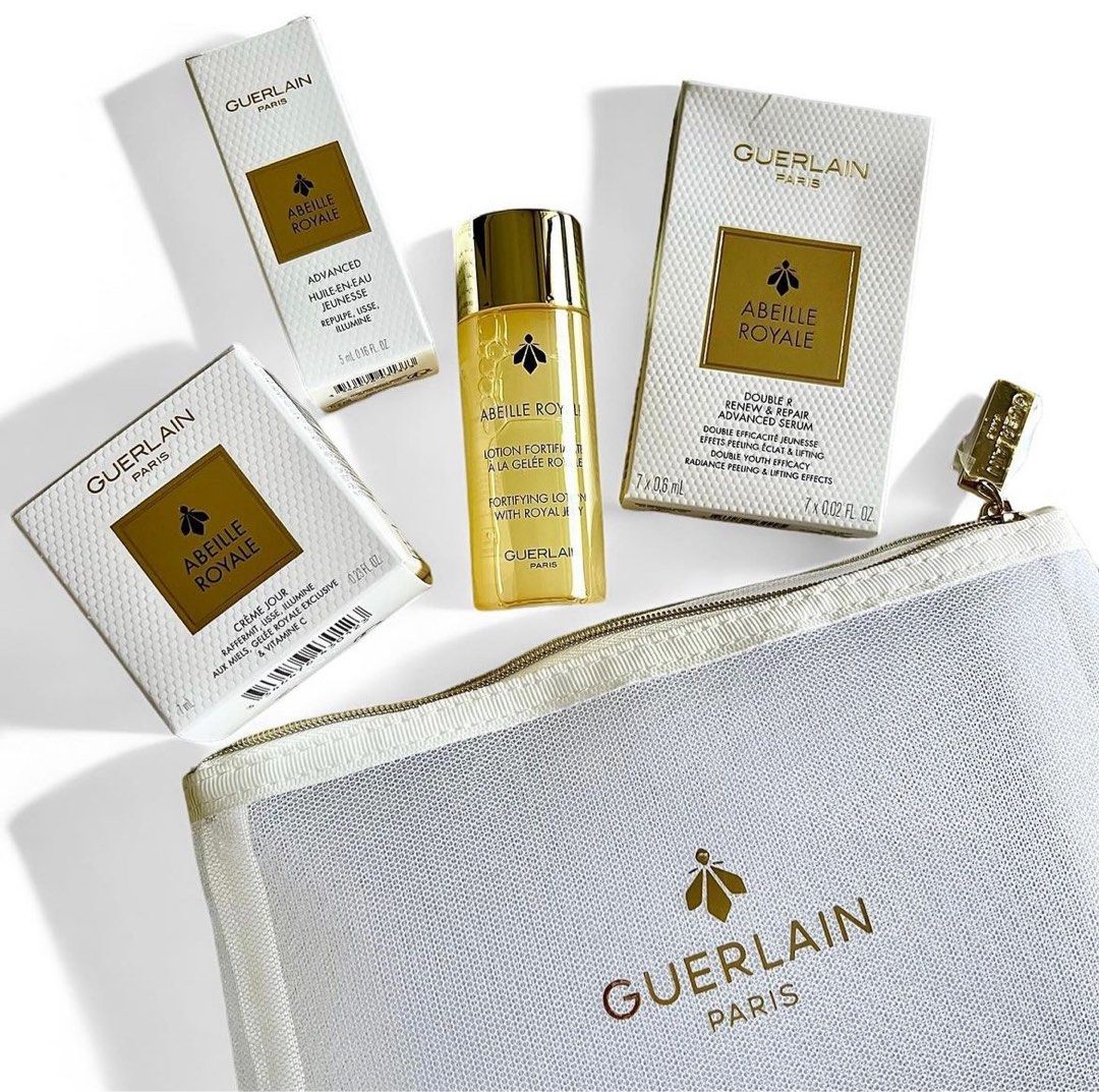 GUERLAIN Abeille Royale Travel Set (Category: Face Care) located in Davao. Submitted by allthisandmore (Listing ID 1304374336, Image 1). Description: 100% Authentic Inclusions: Cosmetic Mesh Pouch | Abeille Royale Advanced Huile-En-Eau Jeunesse Repulpe, Lisse, Illumine 5mL | Abeille Royale Double R Renew & Repair Advanced Serum 7x0.6mL | Abeille Royale Crème Jour 7mL | Abeille Royale Lotion Fortifiante À La Gelée Royale 40mL | Paper Bag.