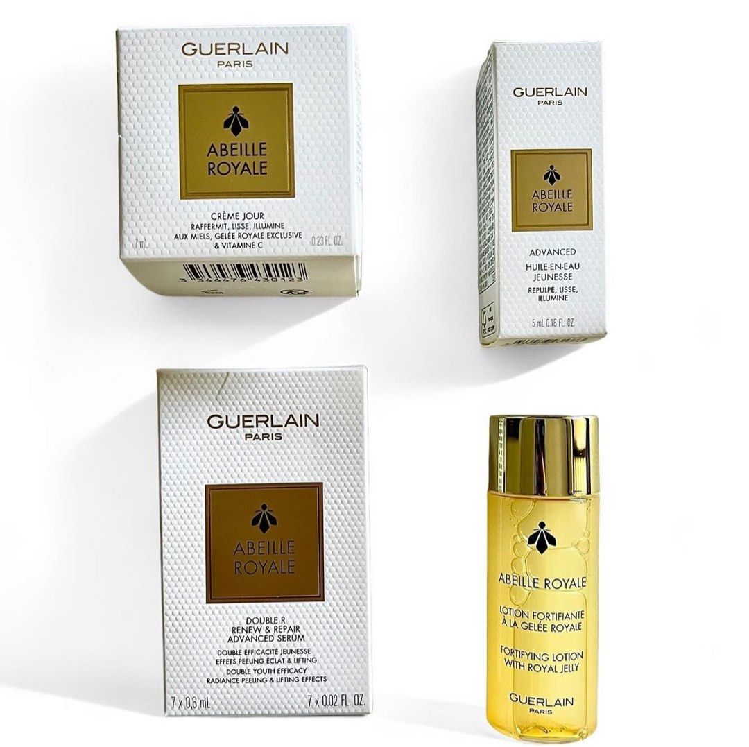 GUERLAIN Abeille Royale Travel Set (Category: Face Care) located in Davao. Submitted by allthisandmore (Listing ID 1304374336, Image 2). Description: 100% Authentic Inclusions: Cosmetic Mesh Pouch | Abeille Royale Advanced Huile-En-Eau Jeunesse Repulpe, Lisse, Illumine 5mL | Abeille Royale Double R Renew & Repair Advanced Serum 7x0.6mL | Abeille Royale Crème Jour 7mL | Abeille Royale Lotion Fortifiante À La Gelée Royale 40mL | Paper Bag.