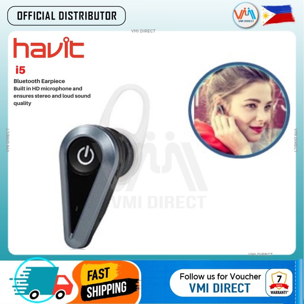 Havit i5 Bluetooth Earpiece Black VMI DIRECT (Category: Earphones) located in Manila. Submitted by vmidirect (Listing ID 1304335703, Image 1). Description: V4.1 Bluetooth Headset Wireless operation range: 8-10m (without obstacles) Battery: 45mAh Talk time: up to 3 hours Playing time: up to 2 hours Standby time: up to 100 hours Description Extreme Mini & Lightweight With thumb size design and only 0.01lb=5g in weight, the HAVIT I5 Mini Bluetooth H