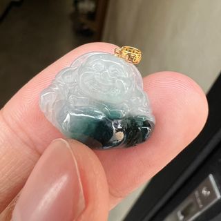 Icy Floating Green Jade Buddha Pendant 18k Real Gold Clasp