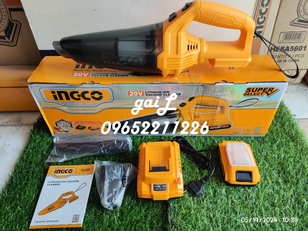 INGCO 20V Cordless Vacuum Cleaner Set (Category: Construction Tools & Equipment) located in Caloocan City. Submitted by abieghail (Listing ID 1304317292, Image 1). Description: INGCO 20V Cordless Vacuum Cleaner Set Model: CVLI20126 ✔Voltage: 20V ✔Dust capacity: 0.5L ✔Vacuum pressure: >9kpa *HEPA Filter * Lock On Switch Included: 1 x Battery pack 2.0Ah (FBLI2001) 1 x Fast charger(FCLI2001E) Charge volts: 220-240V~50/60Hz 1 x crevice nozzle 1 x dus