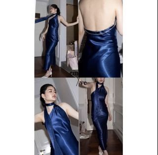 Midnight Blue Halter Long Dress with Diamond Straps