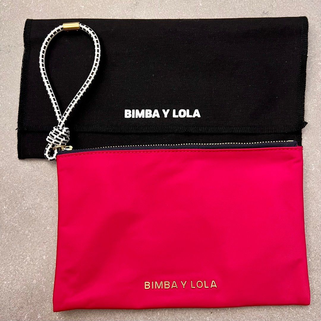 New Bimba Y Lola Hot Bright Pink Zipper Pouch Wristlet Purse B&W