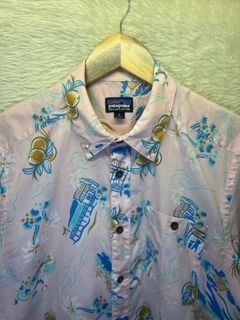 Patagonia Men’s Polo shortsleeves Hawaiian Shirt Organic Cotton Pink Button Up Camp Aloha Small on tag