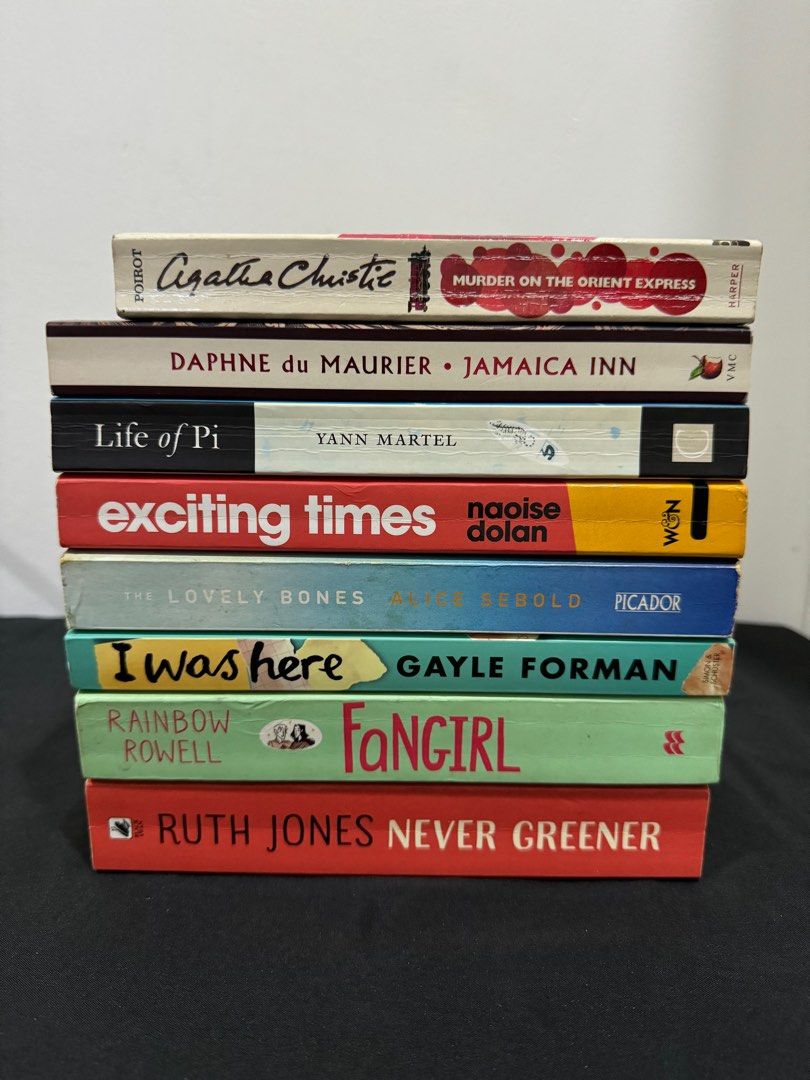 Preloved Books for 250 pesos each (Category: Storybooks) located in Caloocan City. Submitted by rdvmxch (Listing ID 1304436345, Image 1). Description: Agatha Christie - Murder on the Orient Express MMPB PB sizes: Daphne Du Maurier - Jamaica Inn SOLD Yann Martel - Life of Pi Naoise Dolan - Exciting Times SOLD Alice Sebold - Lovely Bones Gayle Forman - I was Here Rainbow Rowell - Fangirl Ruth Jones - Never Greener Please see pics for condition Ship