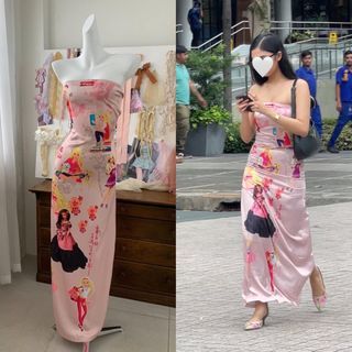 ❗️SALE❗️Most Dreamy Pinterest Y2K Coquette Sexy Pink Barbie Silk Satin Long Maxi Tube Dress (Original Price 1,499)
