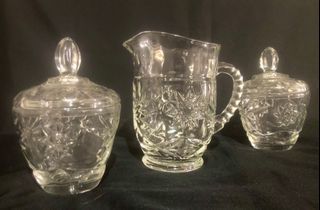 Set: Vintage Anchor Hocking Star of David Small Pitcher + 2 Pc Lidded Creamer/ Sugar Glass Containers (1960’s)