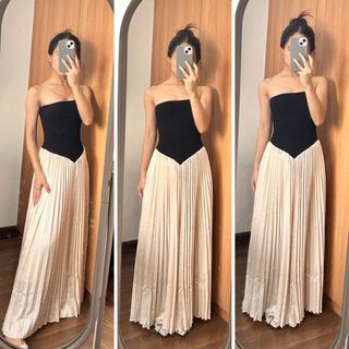 Shein DAZY Women Pleated Dress Gold and Black Combo Strapless Tube Dress for Wedding event gala casual elegant night evening gown modern aesthetic long dress maxi summer elegant