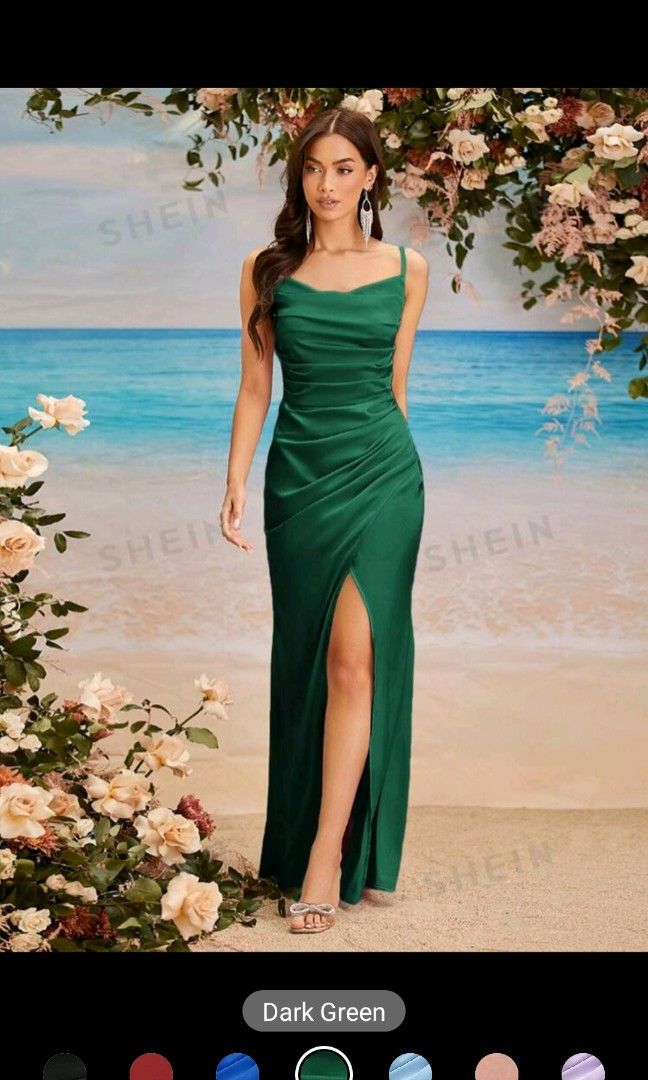 SALE SHEIN Draped Ruched Split Thigh Formal Dress / Dark Green / Medium,  Women's Fashion, Dresses & Sets, Evening dresses & gowns on Carousell