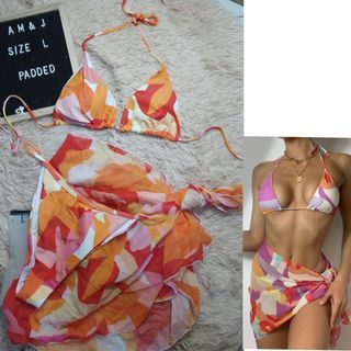 SHEIN PEACH ORANGE ABSTRACT COVER UP 3IN1 SWIMSUIT