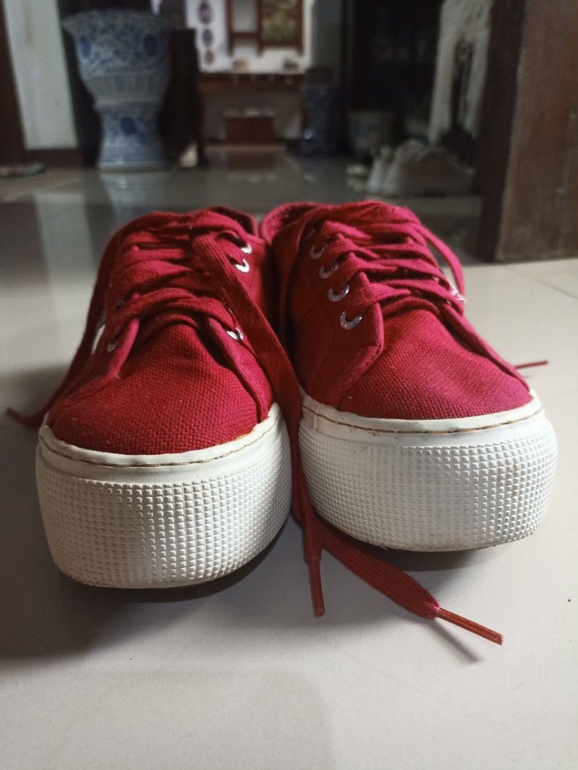 Superga Shoes Double Sole Red Canvas 37 Preloved, Fesyen Wanita
