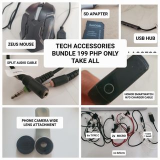 TECH ACCESSORIES BUNDLE: micro USB, type C USB, split audio cable, SD adapter, USB hub, mouse, phone lens, smartwatch