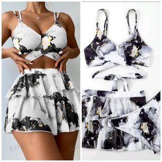 Two Piece Swimsuit & Beach Skirt (Large) Marble print Padded Bra & Bikini & Cover up Skirt  3pack 3n1 Swimwear