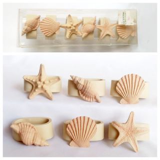 Vintage BALIKBAYAN HANDICRAFT napkin rings with shell & starfish moulds, set of 6, resin, each 2 in. W x 1.25 in. H, in box, never used