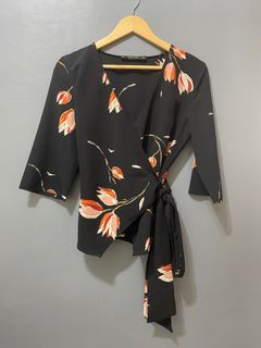 Zara Black Tulip Print Kimono Wrap Top