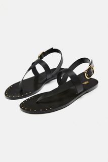 Zara Flat Leather Slider Sandals With Micro-Studs