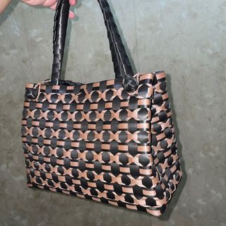 BAYONG Black with Light Brown Cross Detail / Woven Plastic Tote