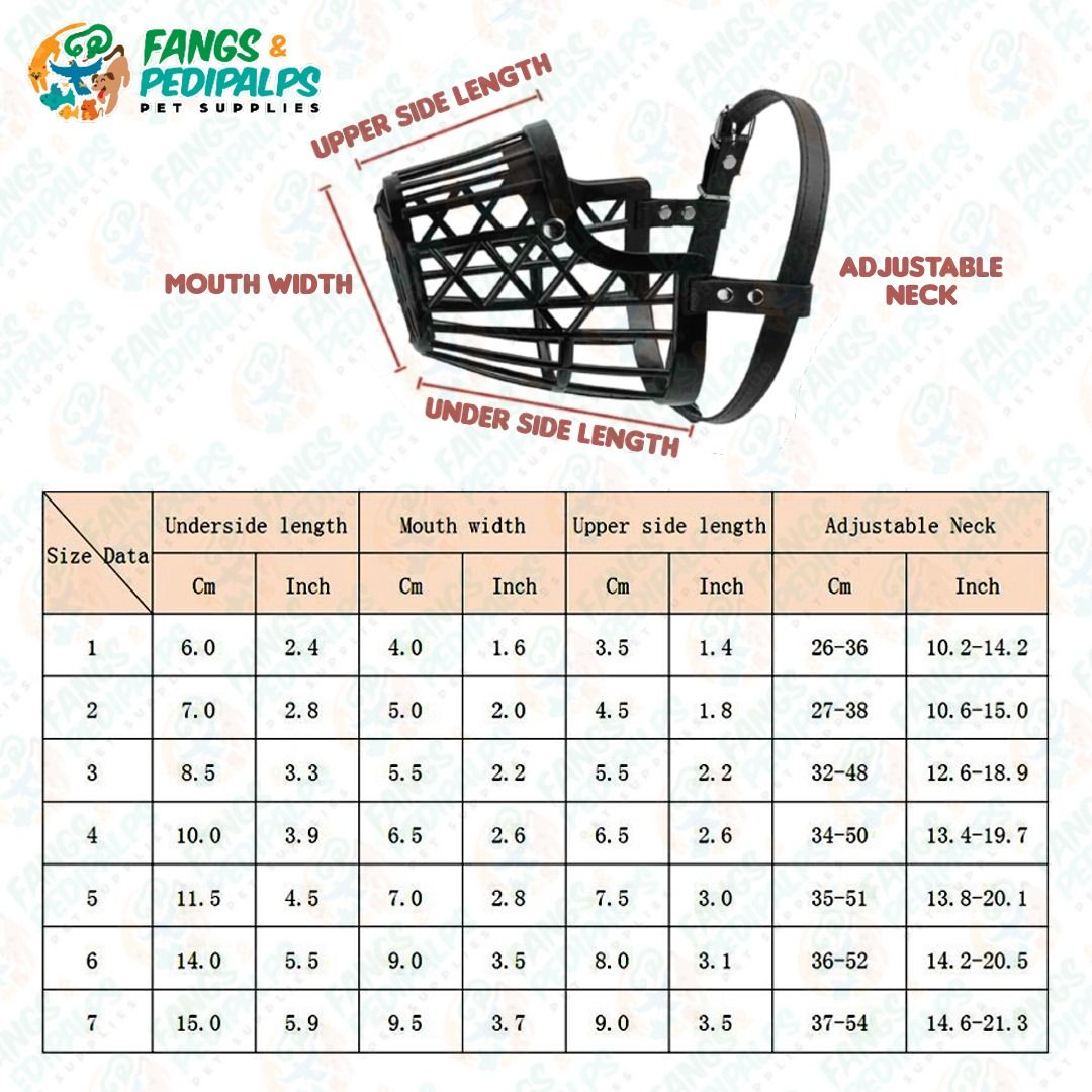 BREATHABLE PLASTIC DOG BASKET MUZZLE | ANTI-BITE MASK | ADJUSTABLE MUZZLE (Category: Homes & Other Pet Accessories) located in Taguig. Submitted by fangsnpedipalps (Listing ID 1304600251, Image 2). Description: A dog muzzle is an apparatus placed over the nose and mouth to prevent them from biting or opening its mouth. Price: 💸 No.1 - ₱99.00 💸 No.2 - ₱109.00 💸 No.3 - ₱119.00 💸 No.4 - ₱129.00 💸 No.5 - ₱139.00 💸 No.6 - ₱149.00 💸 No.7 - ₱159.