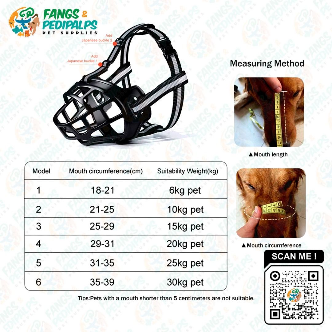 BREATHABLE RUBBERIZED DOG BASKET MUZZLE | ANTI-BITE MASK | ADJUSTABLE MUZZLE (Category: Homes & Other Pet Accessories) located in Taguig. Submitted by fangsnpedipalps (Listing ID 1224118110, Image 2). Description: A dog muzzle is an apparatus placed over the nose and mouth to prevent them from biting or opening its mouth. Price: 💸 No.1 - P108.00 💸 No.2 - P128.00 💸 No.3 - P148.00 💸 No.4 - P168.00 💸 No.5 - P188.00 💸 No.6 - P208.00 Material: R