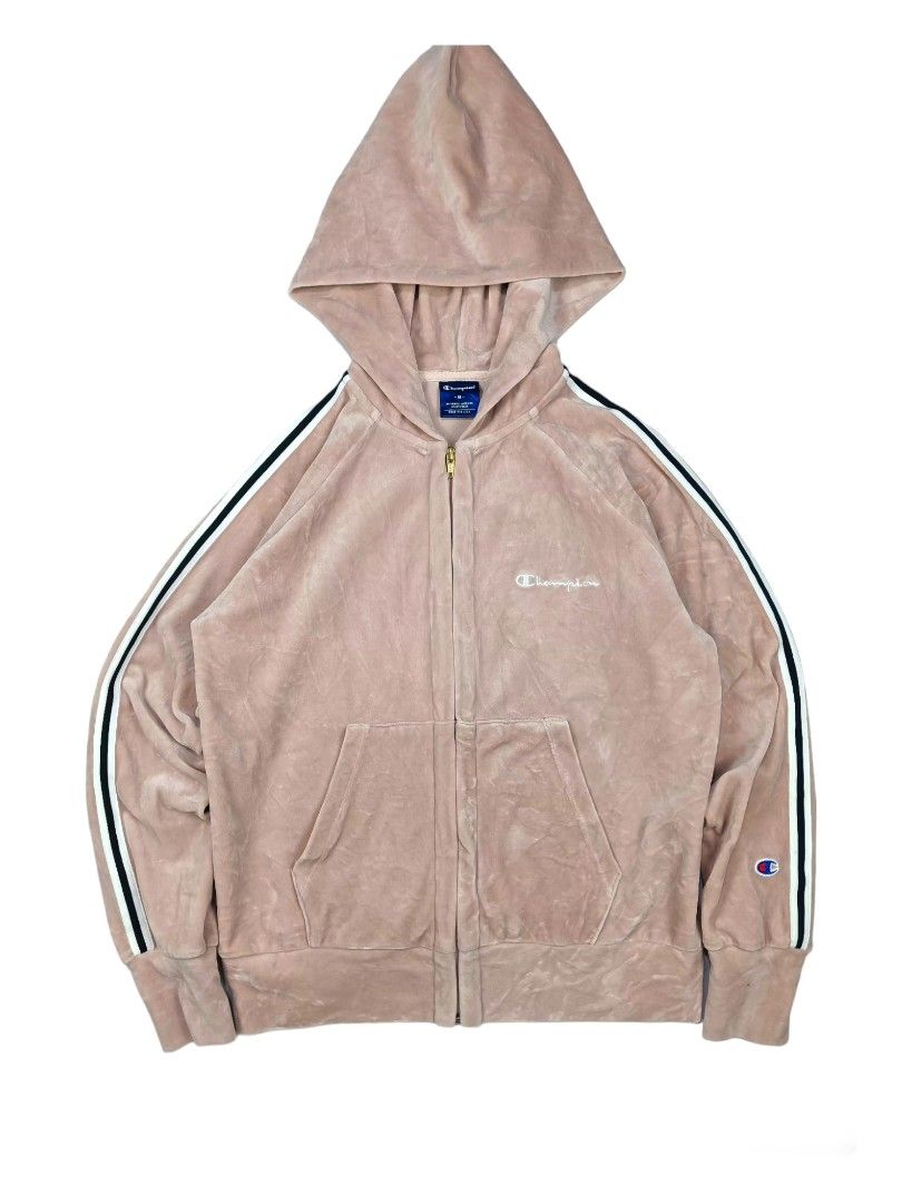 CHAMPION DUST PINK VELVET HOODIE Women s Fashion Coats Jackets and Outerwear on Carousell