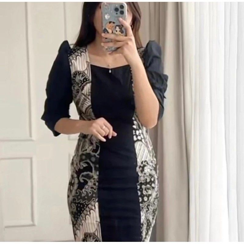 Dress batik pita lengan puff Fesyen Wanita Pakaian Wanita Gaun Rok di Carousell
