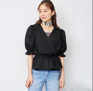 GU by Uniqlo women black wrap cotton blouse