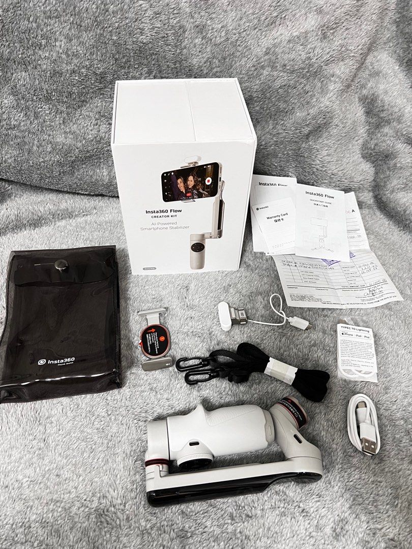 Insta360 Flow AI -Powered Stabilizer - Stone Gray (Creator Kit) (Category: Gimbals & Stabilizers ) located in Taguig. Submitted by sisidlanmanila (Listing ID 1304505384, Image 2). Description: Color: STONE GRAY **with Creator kit Accessories **used once only for product review Product Highlights: ● 3-Axis Stabilization ● Deep Track 3.0 ● Foldable and Portable ● 1-Step Rapid Deploy ● AI-Powered Editing ● Built-in selfie stick and tripod ● SmartWhe