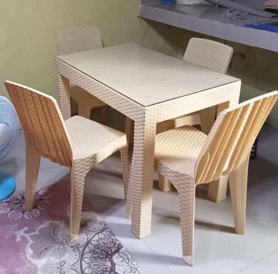 Plastic rattan dining set with glass (Category: Tables & Sets) located in Manila. Submitted by katttt214 (Listing ID 1304590258, Image 1). Description: Rattan table and chairs‼️ bodega price💢 mura at mura at maganda 2 seater 4 seater 6 seater 8 seater brand new free stopper glass cod or gcash.