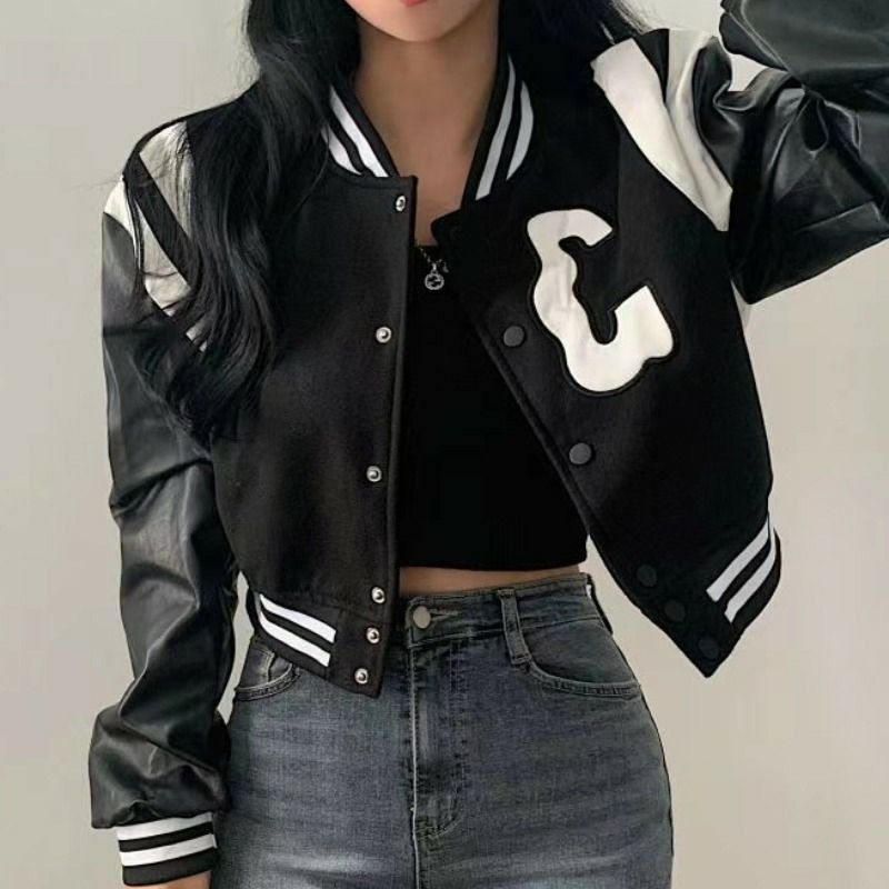 Leather baseball jacket womens store