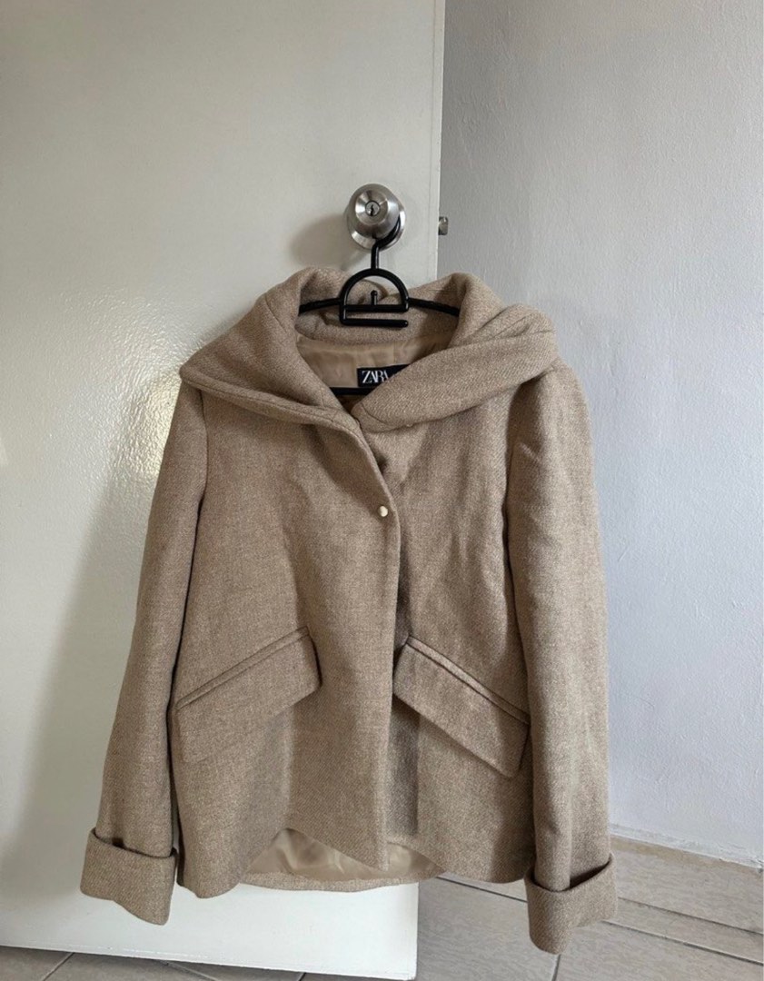 Zara wraparound collar coat in beige or black Women s Fashion Coats Jackets and Outerwear on Carousell