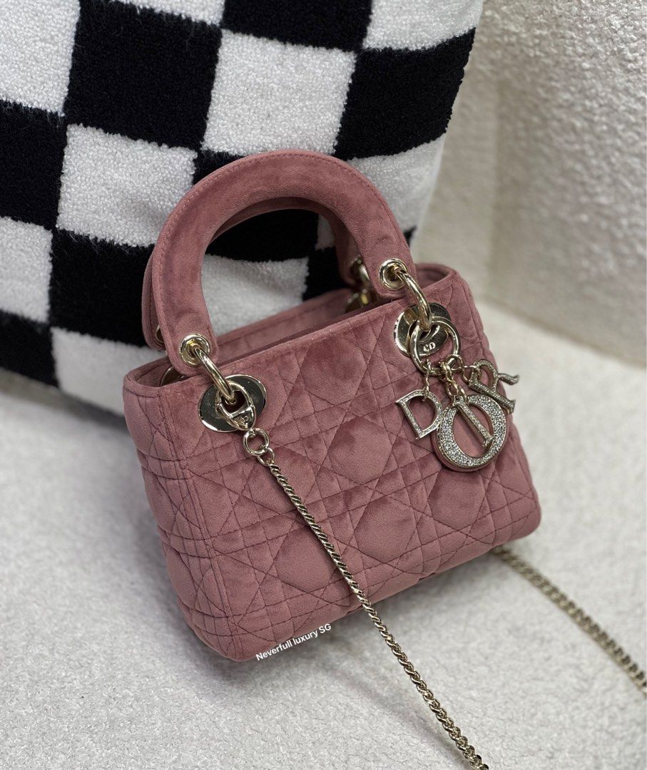 Christian Dior Mini Lady Dior Dusty Pink Veltvet with Rhinestones and GHW Luxury Bags Wallets on Carousell