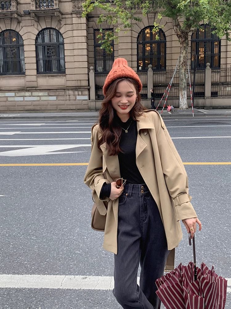 Double Breasted Mid Length Trench Coat for Petite Women Khaki Fall Collection Women s Fashion Coats Jackets and Outerwear on Carousell