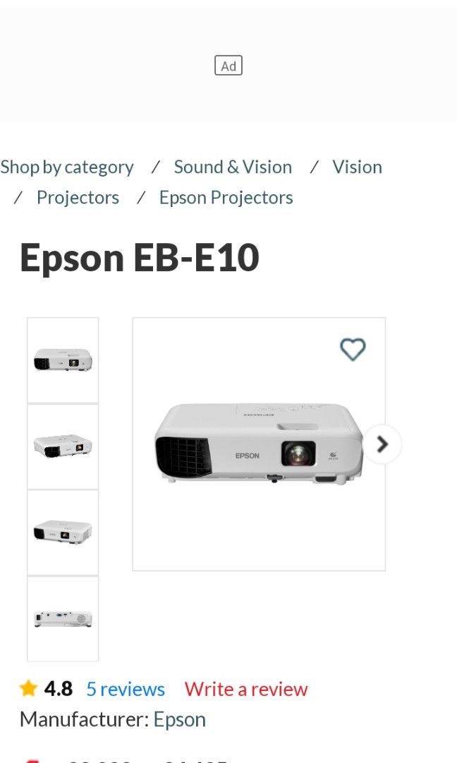 Epson EB-E10 projector (Category: Projectors) located in Quezon City. Submitted by vanlacsa (Listing ID 1304658381, Image 3). Description: For sale Epson EB-E10 classroom projector Projector System: 3LCD, 3chip technology Native Resolution: 1024 x 768 (XGA) Color Brightness: 3600 lumens White Brightness: 3600 lumens NO ISSUE! GOOD AS NEW DI MASYADONG NAGAMIT. RFS need funds.