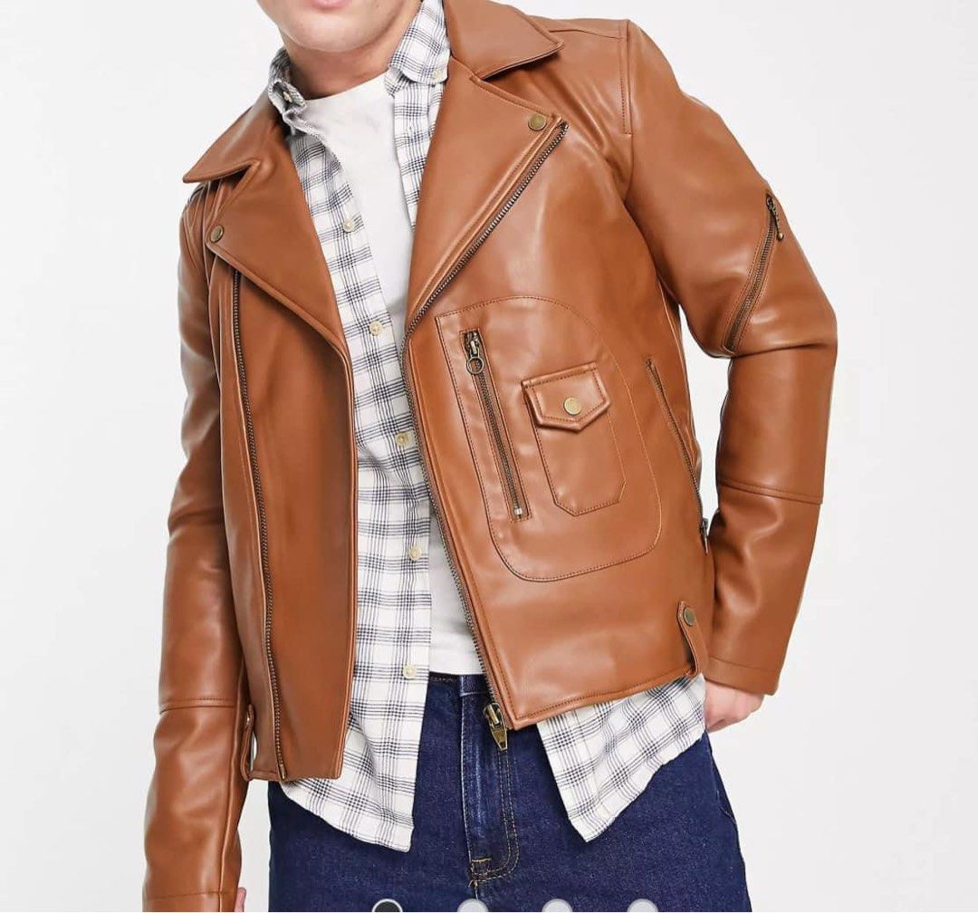 Tan faux leather jacket mens store