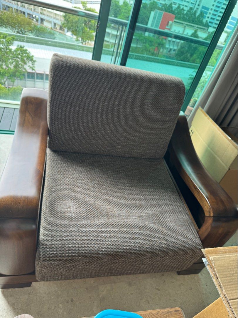 fully Solid wood single sofa (Category: Sofas) located in Singapore. Submitted by toronto1 (Listing ID 1302476484, Image 2). Description: fully solid wood big single sofa almost new original fabric cover is never used. i used the cover made by my self. very very good quality very comfortable.