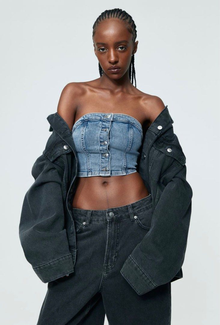 H M Denim Bustier Top Women s Fashion Tops Sleeveless on Carousell