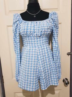 LIGHT BLUE CHECKERED ROMPER PARTY EVENING CASUAL WEAR